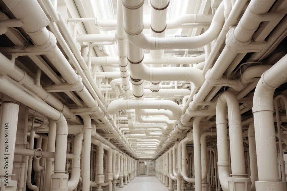 Obraz premium A very long hallway with lots of pipes. Digital image. High tech plumbing infrastructure.