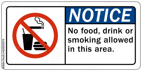 No food or drink allowed warning sign and labels