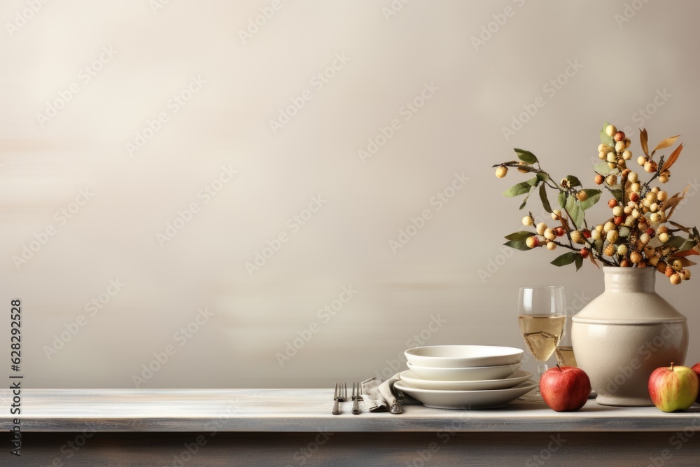 A table topped with a vase filled with flowers and fruit. Autumn, Thanksgiving decor. Copy-space, place for text. A table topped with a vase filled with flowers and fruit. Autumn, Thanksgiving decor. Copy-space, place for text.