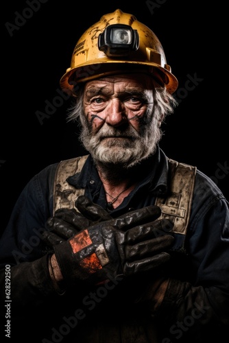 Portrait of a miner wearing a yellow helmet on a dark background.