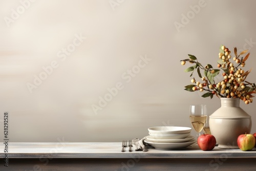 A table topped with a vase filled with flowers and fruit. Autumn  Thanksgiving decor. Copy-space  place for text.