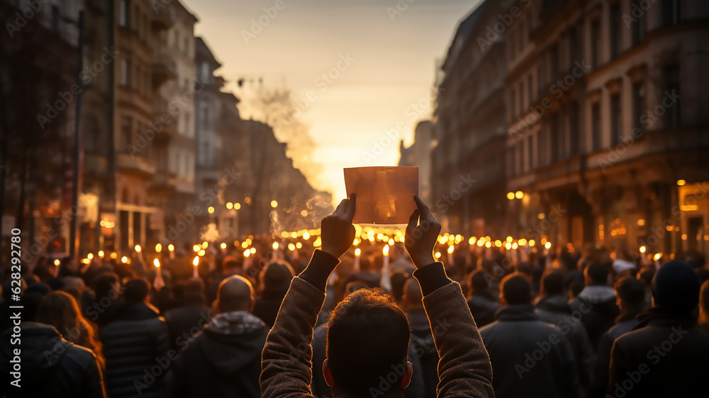 group of people protest rally march on the street in the city