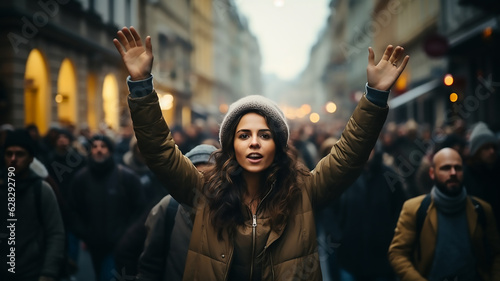 group of people protest rally march on the street in the city