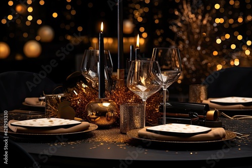 New Year table setting with candles, black and golden decorations for festive dinner or night party. Christmas celebration. Close up. Generative AI.