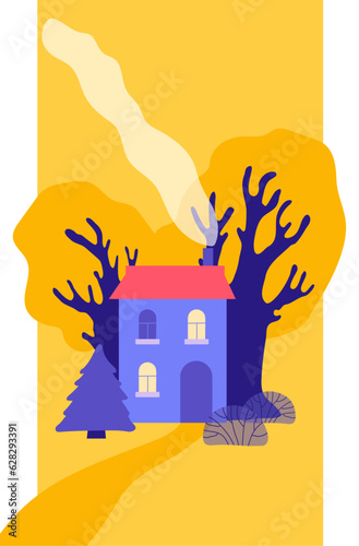 Cozy house with smoke out of pipe . Autumn landscape and orange garden. Cozy autumn card