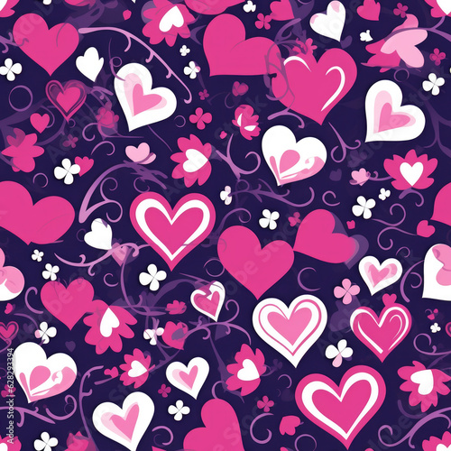 A bunch of pink and white hearts on a purple background. Digital image. Valentine seamless pattern.