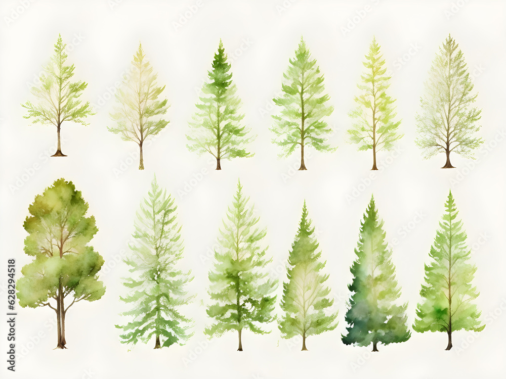 Obraz premium set of watercolor trees isolated on white background,