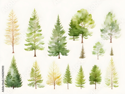watercolor trees set