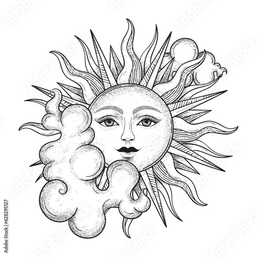 Vector vintage sun with a face, clouds, engraving style, esoteric and occult magic signs isolated on white background