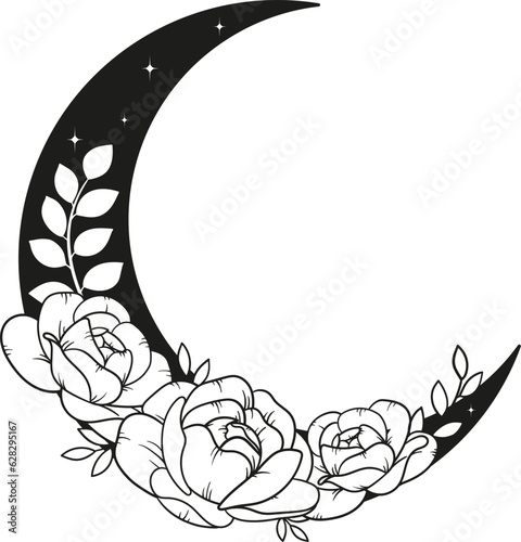 Vector line art mystical celestial magic witchcraft elements. Esoteric crescent moon, peony rose, leaves stars, line art.