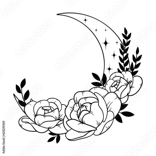 Vector line art mystical celestial magic witchcraft elements. Esoteric crescent moon, peony rose, leaves stars, line art.