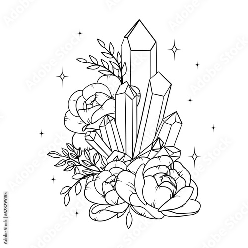 Vector line art mystical celestial magic witchcraft elements. Esoteric crystals, peony roses, stars, leaves, line art.