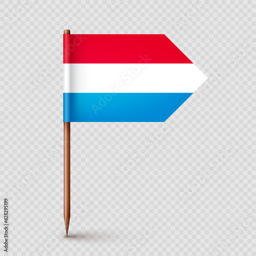 Luxembourgish toothpick flag. Souvenir from Luxembourg. Wooden toothpick with paper flag. Location mark, map pointer. Blank mockup for advertising and promotions. Vector illustration