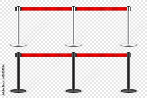 Realistic red retractable belt stanchion. Crowd control barrier posts with caution strap. Queue lines. Restriction border and danger tape. Attention, warning sign. Vector illustration