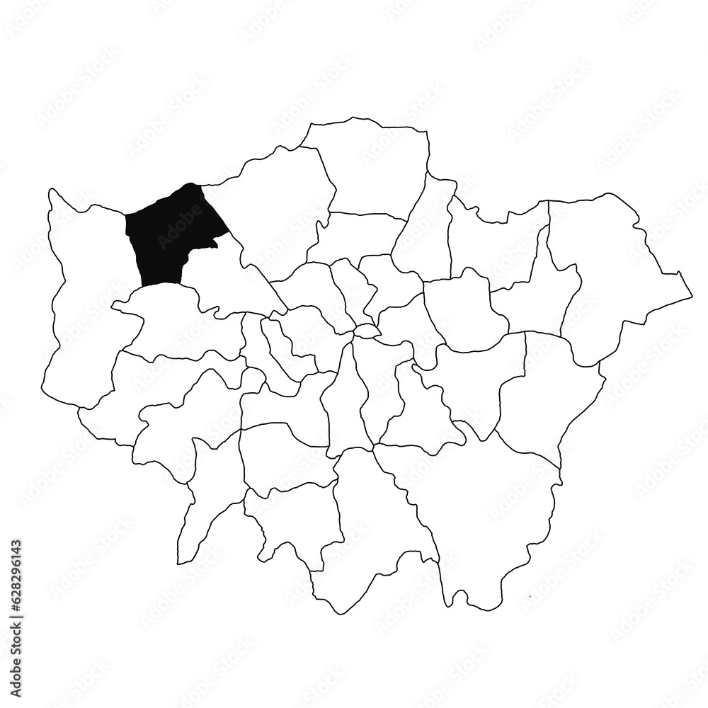 Obraz premium Map of Harrow in Greater London province on white background. single County map highlighted by black colour on Greater London, England administrative map.