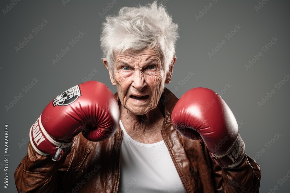 Strong and funny boxer elderly woman is fighting. Generative AI - obrazy, fototapety, plakaty 