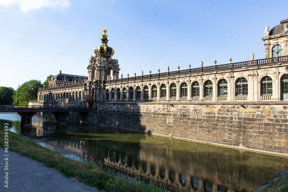 Facade of Crown gate and moat at Zwinger, Zwingergraben, Langgalerie, Dresden, Saxony, Germany, Europe