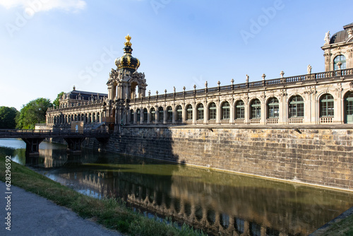 Facade of Crown gate and moat at Zwinger, Zwingergraben, Langgalerie, Dresden, Saxony, Germany, Europe