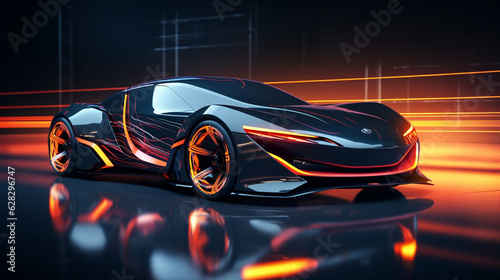 Car with neon lights on a dark background, side view. Sports car, futuristic autonomous vehicle made with AI generative technology