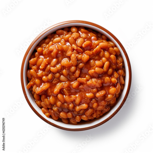 Top-down view of a bowl of baked beans.