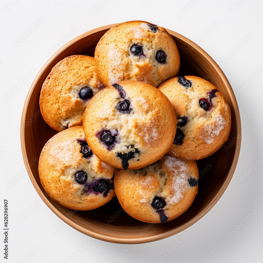 Top-down view of a bowl of blueberry muffins isolated on a white background Top-down view of a bowl of blueberry muffins isolated on a white background