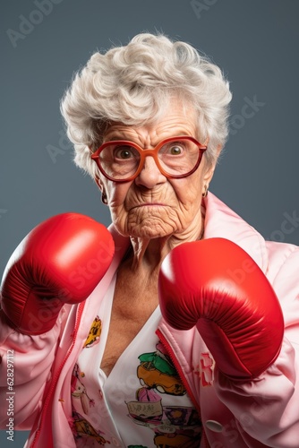 Strong and funny boxer elderly woman is fighting. Generative AI © piai