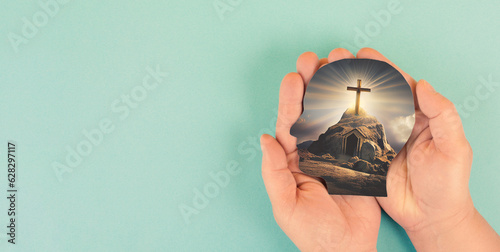 Believer with religious cross in mind, christian belief and faith concept, catholic and protestant community, cross made with AI photo