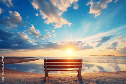 Front View of the Wooden Bench by the Sea with Sunlight and Blue Sky