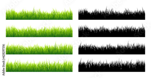 Meadow silhouettes with grass, plants on plain. Green and black panoramic summer lawn landscape with herbs, various weeds. Herbal border, frame element. Horizontal banners. Vector illustration