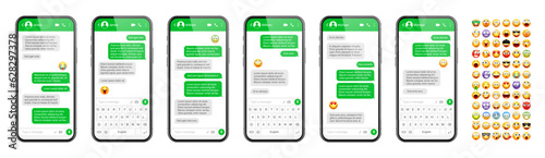 Smartphone messaging app, user interface design with emoji. SMS text frame. Chat screen with green message bubbles. Texting app for communication. Social media application. Vector illustration