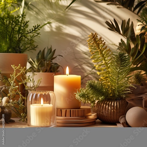 Mindfulness home interior decor, green plants and candles in beautiful afternoon light, natural cozy calm home decoration