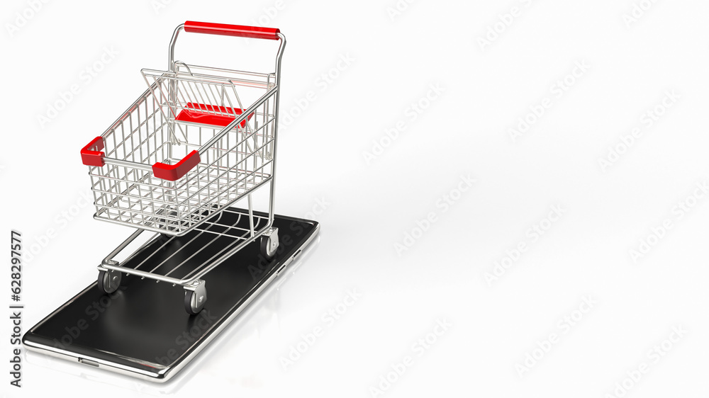 The shopping trolley on mobile for e shopping and shopping online concept 3d rendering.