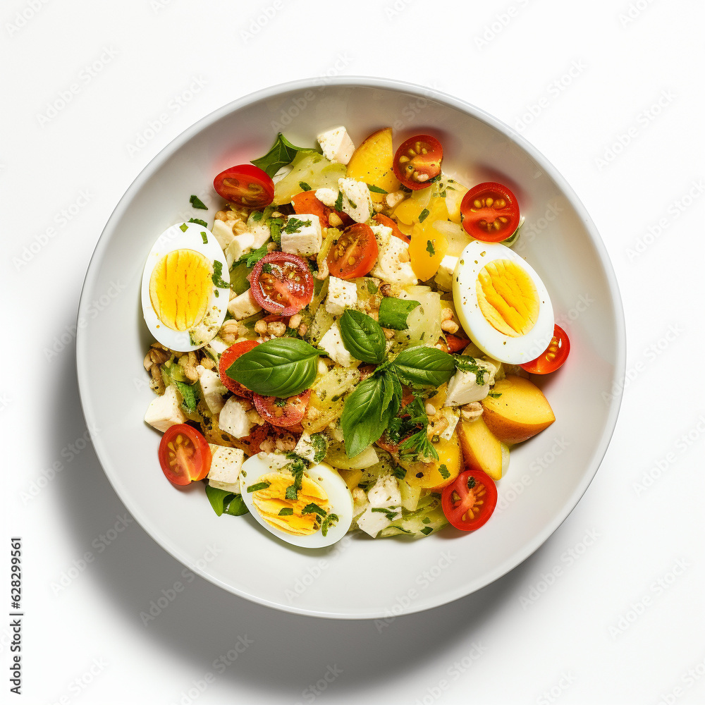 Top-down view of a bowl of egg salad. Generative AI.