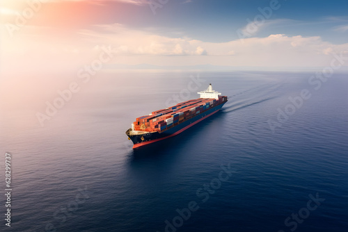 aerial panorama of a cargo ship carrying container for import and export business logistic and transportation in open sea with copy space