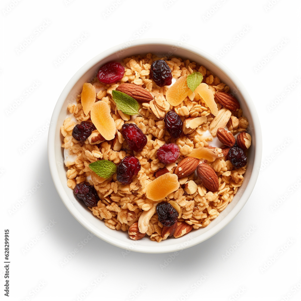 Top-down view of a bowl of granola. Generative AI.