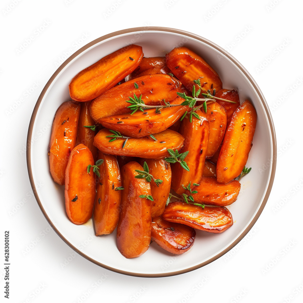 Top-down view of a bowl of honey glazed carrots isolated on a white background Top-down view of a bowl of honey glazed carrots isolated on a white background