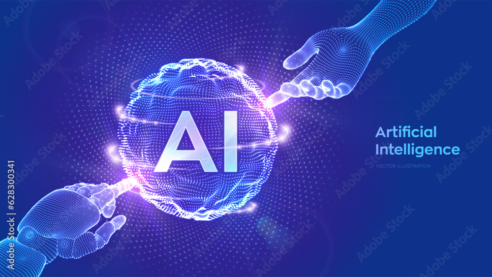 AI. Artificial Intelligence. Hands of Robot and Human touching sphere ...
