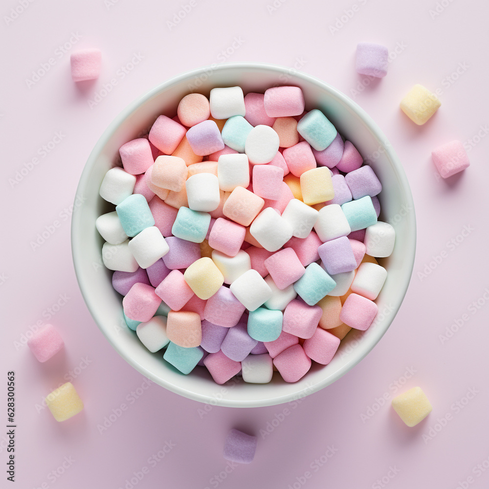 Top-down view of a bowl of colorful marshmallows. Top-down view of a bowl of colorful marshmallows.