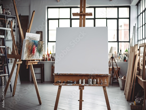 Mockup of a blank canvas on an easel in a well-lit artist's studio © Xavier