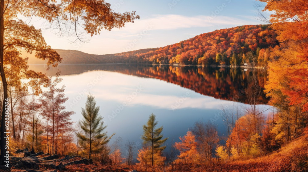view of a lake surrounded by trees in full autumn color
