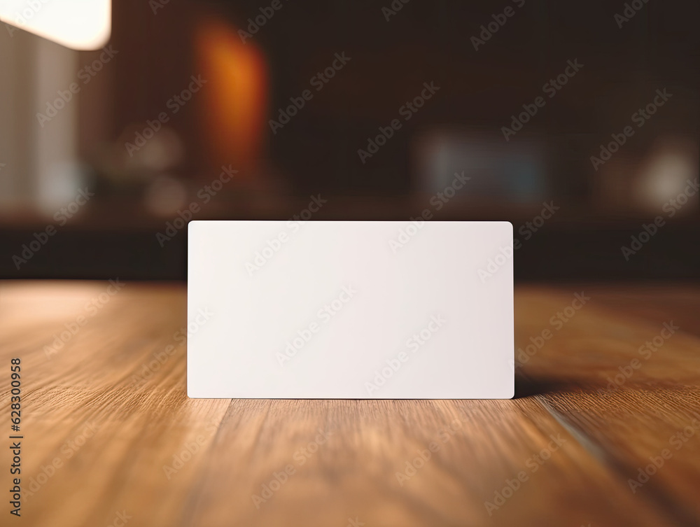 A blank business card on a wooden desk A blank business card on a wooden desk