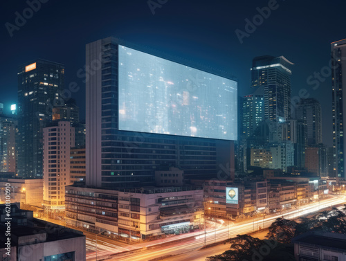 A blank billboard in a bustling cityscape at dusk