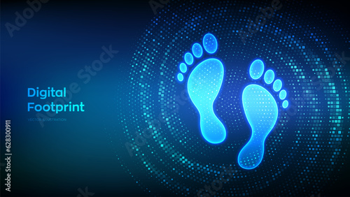 Digital footprint background made with binary code. Digital Signature. Biometric information protection. Personal web track. Virtual tunnel warp made with digital code. Data Flow. Vector Illustration.