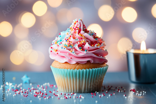 Delicious birthday cupcake on table on light background made with AI generative technology