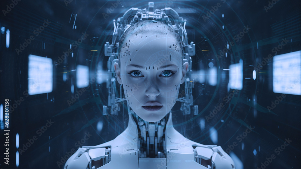 a futuristic female ai robot behind a digital screen a futuristic female ai robot behind a digital screen