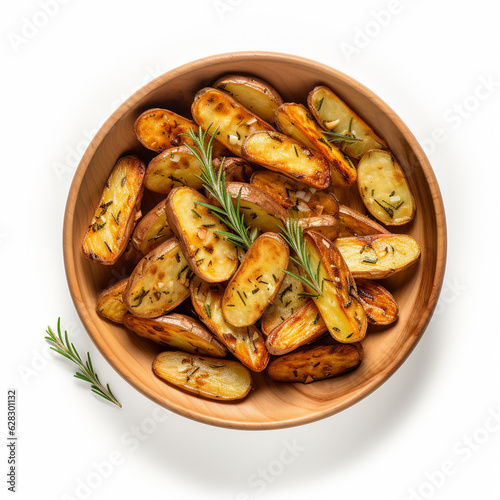 Top-down view of a bowl of potato wedges.