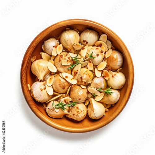 Top-down view of a bowl of roasted garlic.