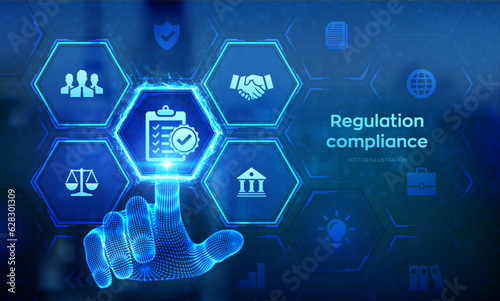 Regulation Compliance financial control internet technology concept on virtual screen. Reg Tech. Compliance rules. Law regulation policy. Wireframe hand touching digital interface. Vector illustration