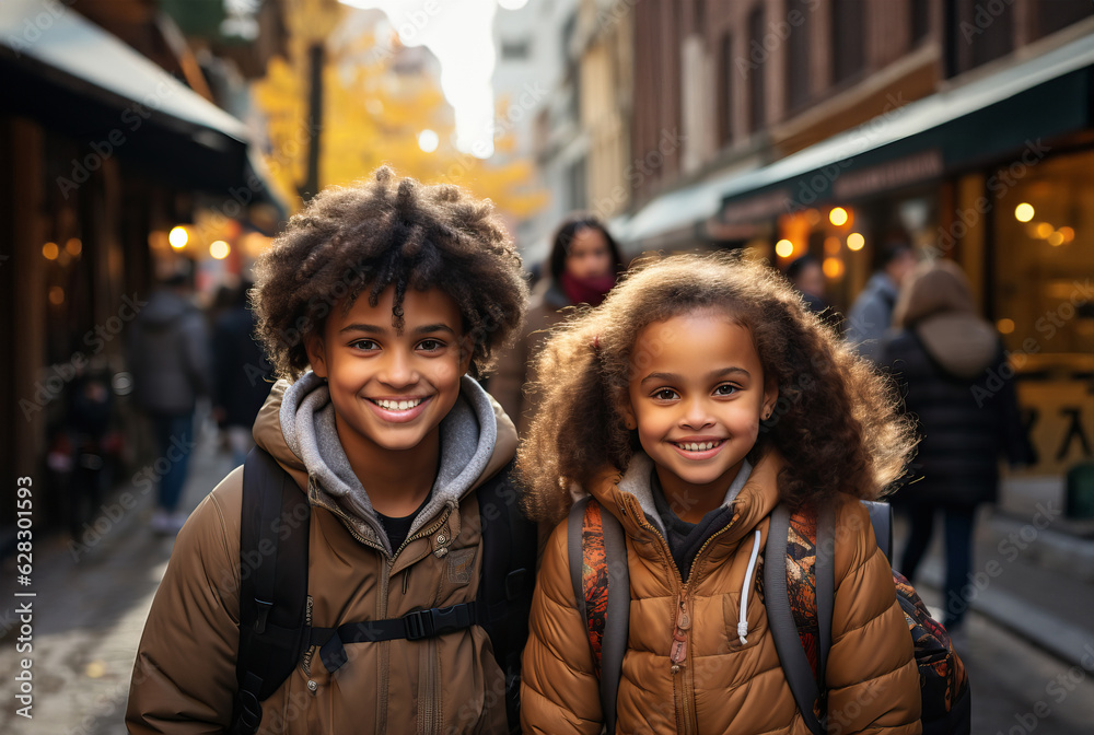 Fototapeta premium Two children standing together, ready for the first day of school