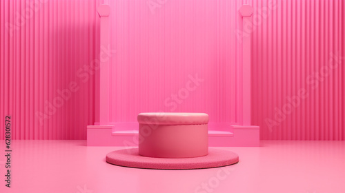 pink podium in magenta fashion doll world, trendy product presentation and plastic background, doll house style stand mock up